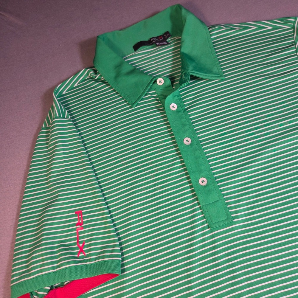 RLX Ralph Lauren Mens XL Green White Striped Golf Polo Shirt Pink Accents